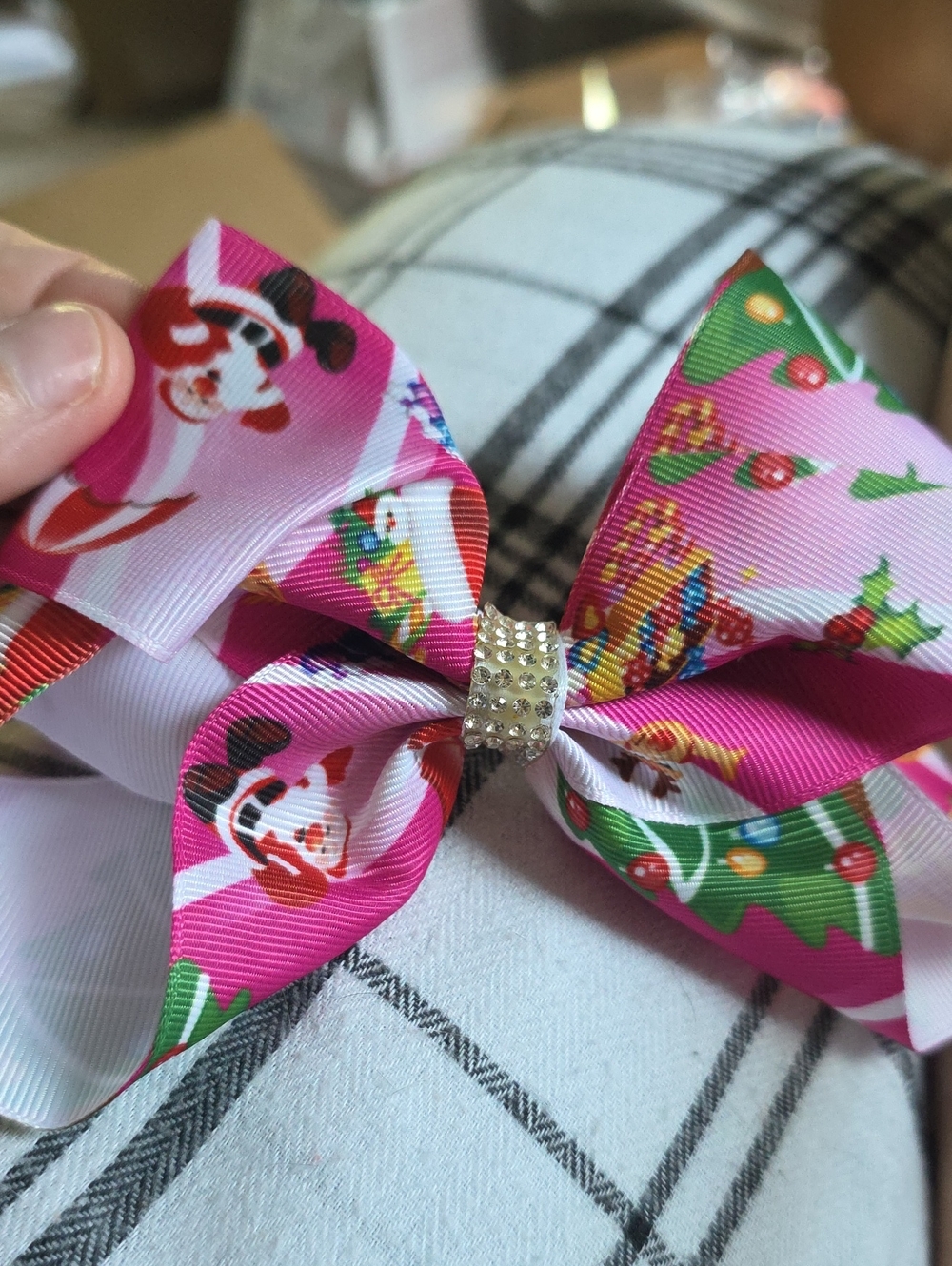 Kids Pink Christmas Bow Hair Clip with Rhinestone Center
